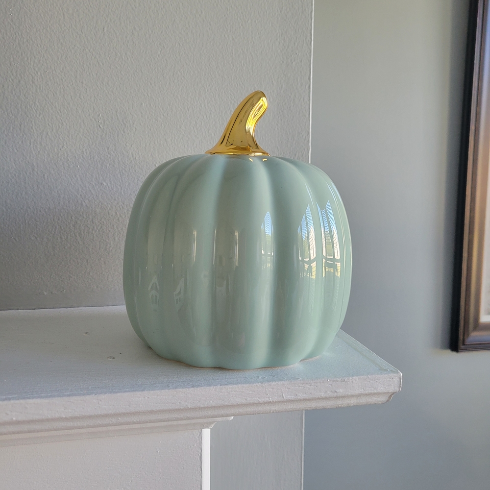 ANTHROPOLGIE Elegant Sage Rose Gold Ceramic Pumpkin Decor - Picture 4 of 6